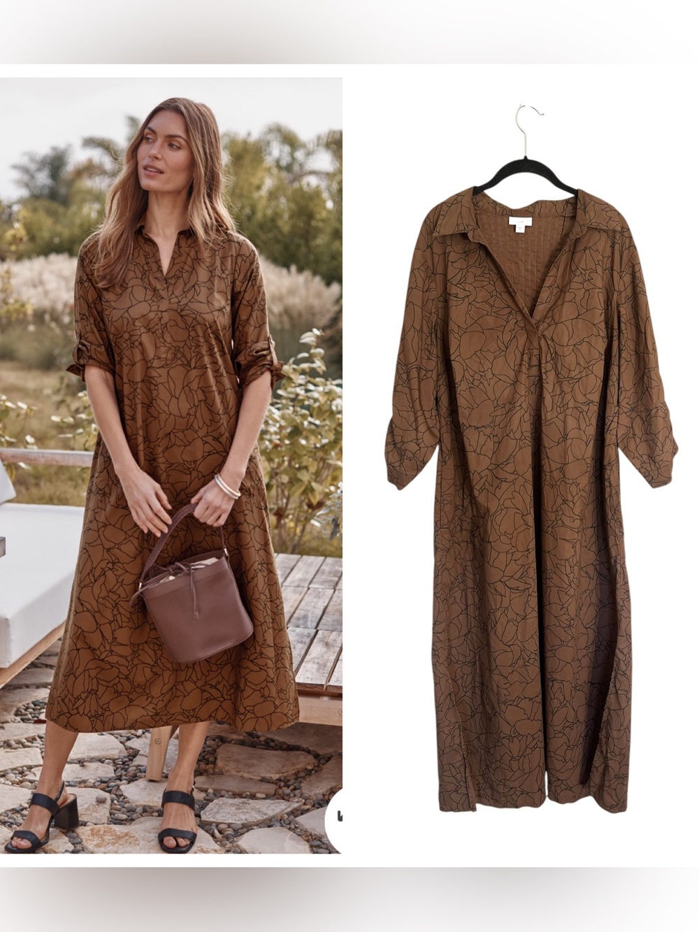 J. Jill cotton popover maxi shirtdress cocoa bean brown floral sz XL boho